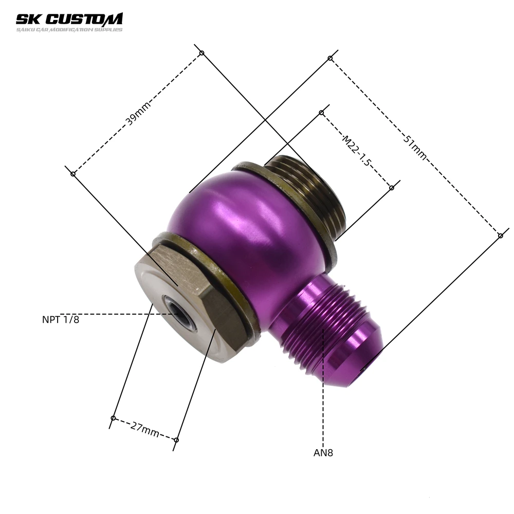 Adaptador de banjo de aleación de aluminio SK CUSTOM, conector macho AN8 AN10, adaptador de bola M18 M20 M22 360 ° Conector giratorio para manguera de aceite