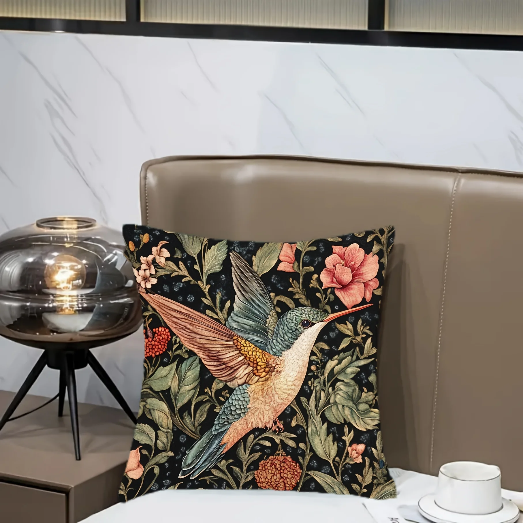 Decorative Throw Pillow Cover Hummingbird Floral Jungle Print Cushion Accent Case Gothic Bohemian Tropical Art Decor 40x40cm