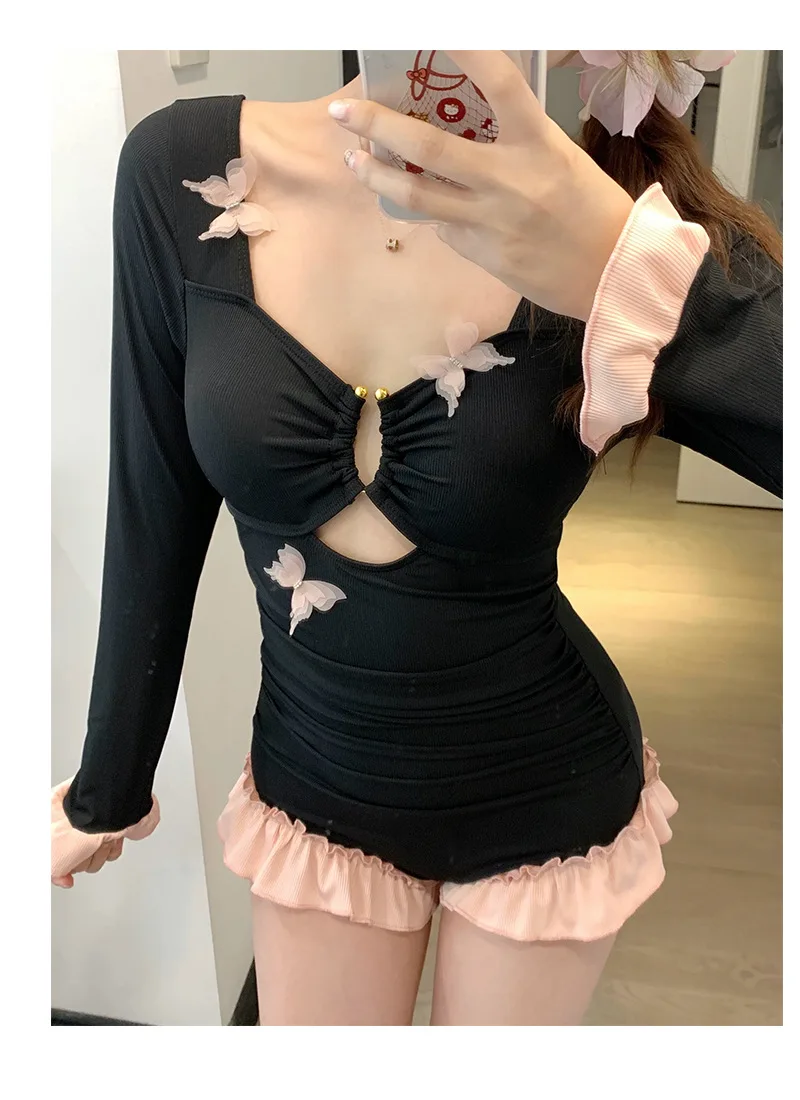 Sexy moda coreana manga longa borboleta maiô uma peça preto rosa retalhos babados bodysuits biquínis bonito roupas de praia