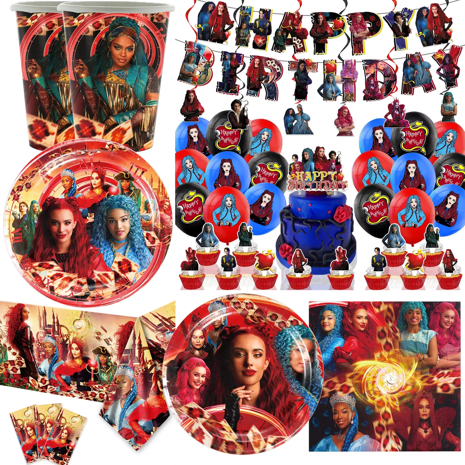 Descendants The Rise of Red Birthday Disposable Plate Cup Balloon Backdrop Cake Topper Party Decoration Baby Shower Supplies