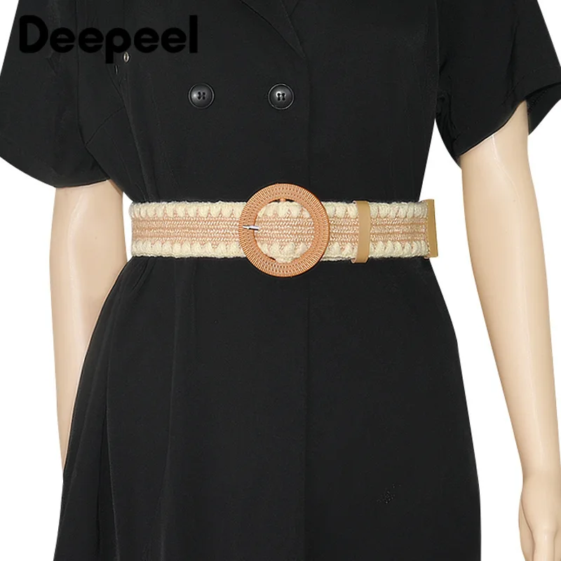 Deepeel 5x100 ซม.VINTAGE Boho เข็มขัดถักผู้หญิงลูกไม้กว้าง Girdle ไม้หัวเข็มขัดฟางปลอมตกแต่งเข็มขัดสําหรับเสื้อ Cummerbunds