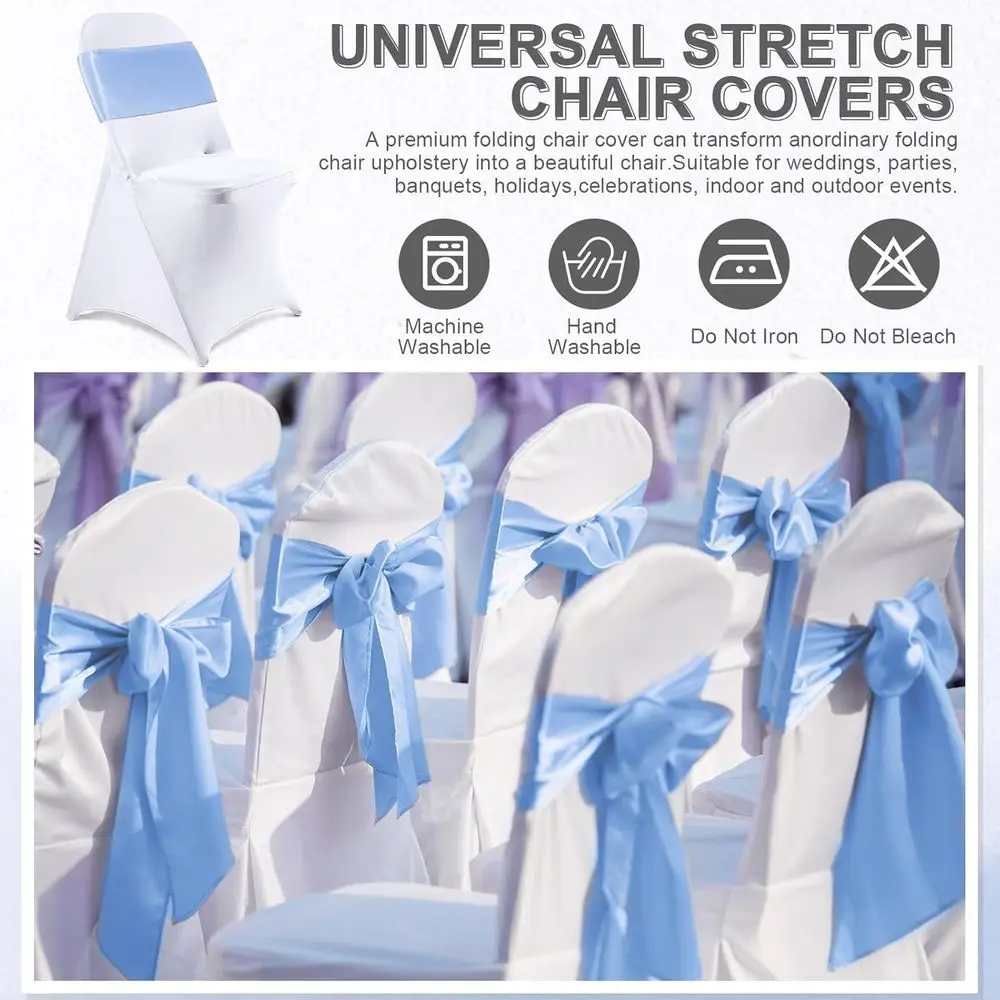 Набор из 50 складных чехлов на стулья с 25 чехлами из спандекса и 25 атласными бантами — моющиеся для свадеб и мероприятий в цвете White & Sky Bl