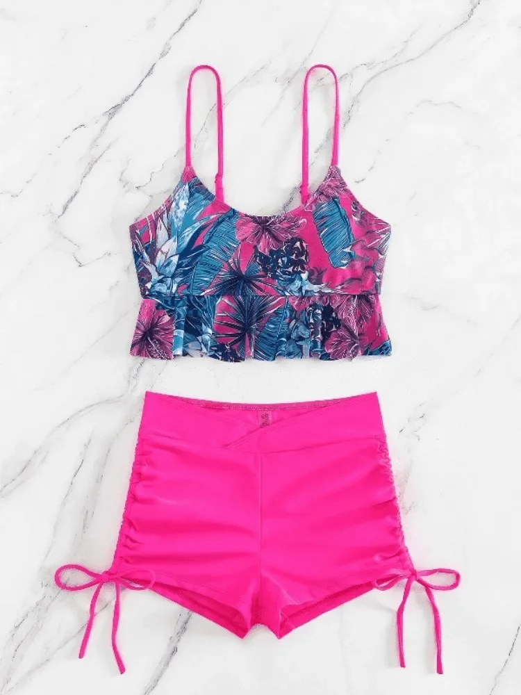 Bikini con tiras 2025, traje de baño de cintura alta para mujer, pantalones cortos con volantes y estampado de flores, traje de baño para mujer, ropa de playa