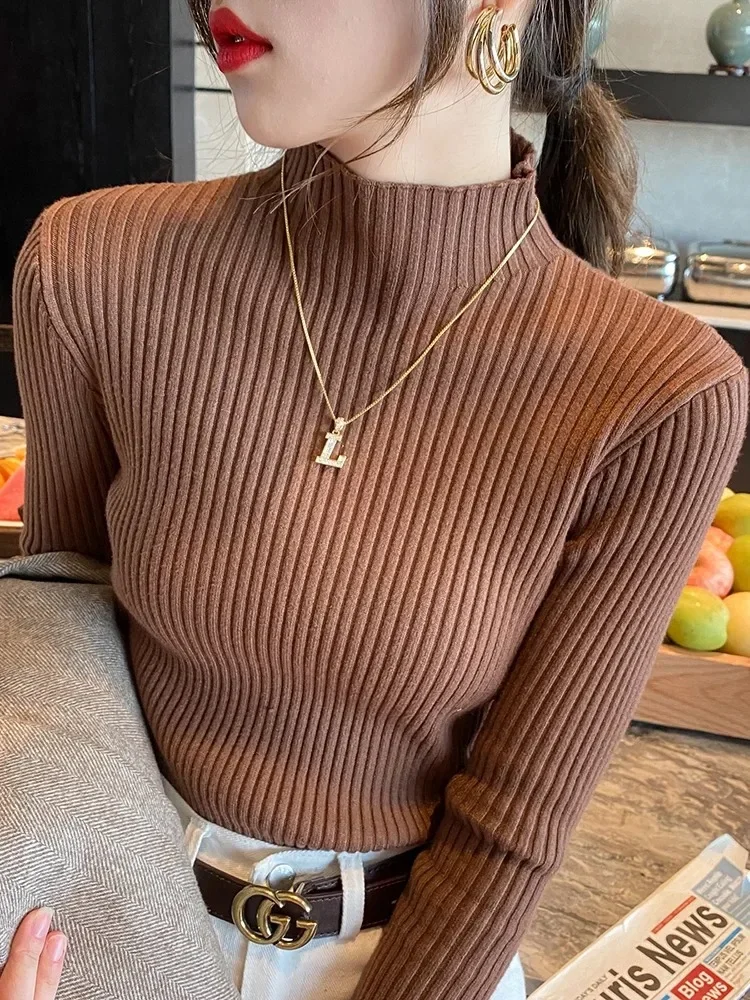 2024 Women Autumn Knitted Slim Sweaters Solid Knitted Female Cotton Soft Elastic Color Pullovers Button Full Sleeve Turtleneck