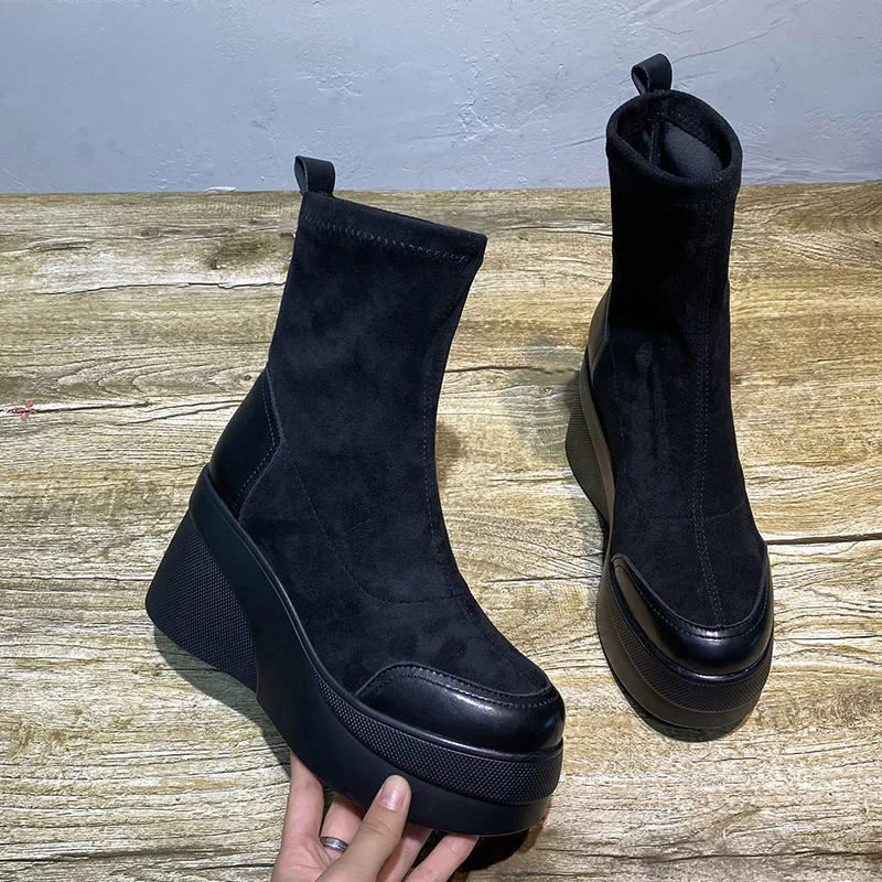 Autumn Spring Women Shoes Woman Platform Boots Fashion Round Toe Ankle Boots 2023 Winter Elastic Black Wedge Comfortable Botas