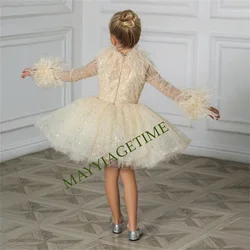 Robe élégante en tulle à manches longues pour filles, robe à fleurs scintillantes, plume de mariage avec nœud, fête d'anniversaire pour enfants, robe de première communion