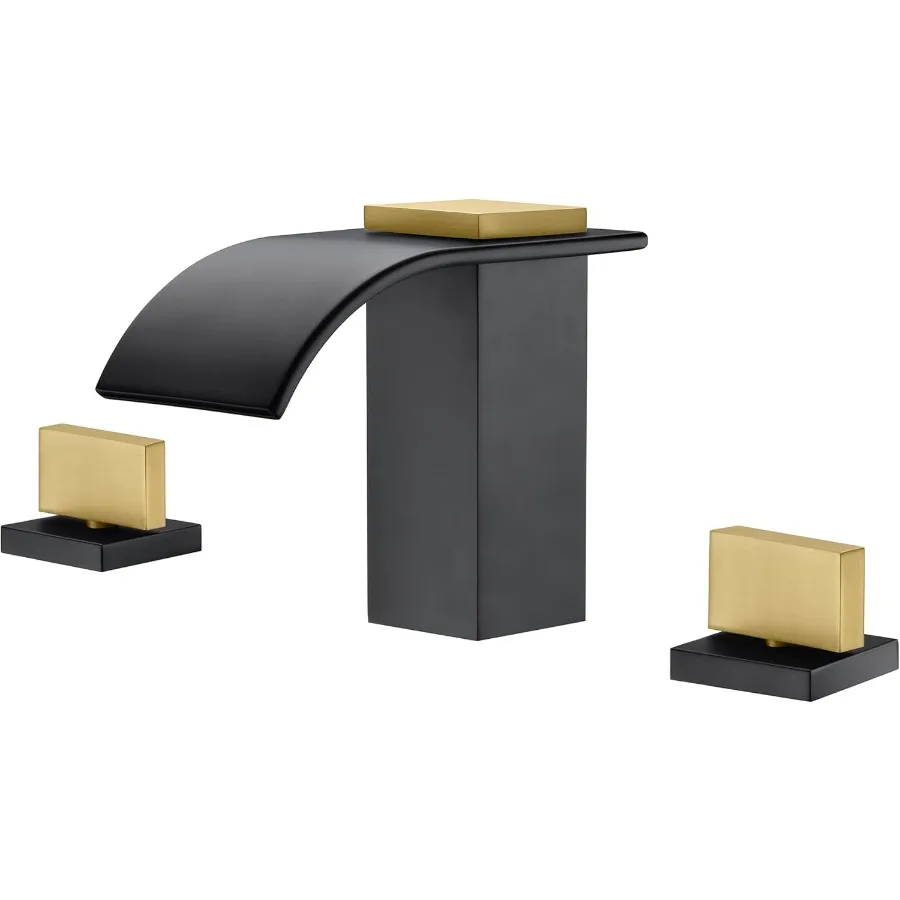 

8-дюймовый широко распространенный смеситель для ванной комнаты, смеситель для раковины с водопадом и 3 отверстиями, черно-золотая отделка