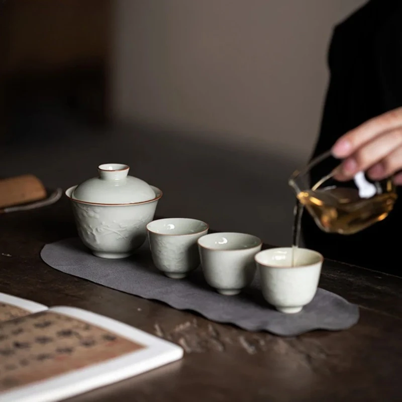 Boutique Handmade Relief Cover Bowl Set Household Three Friends of Winter Tea Set Aesthetic Tea Ceremony Set Cafes Collection view 6