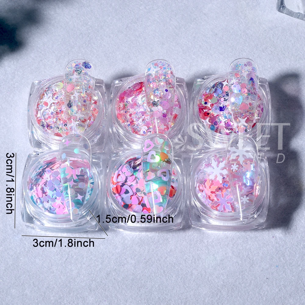 6/12 cajas de lentejuelas con purpurina rosa, mezcla de lentejuelas con forma de estrella y corazón para uñas, escamas holográficas, decoración de manicura para el Día de San Valentín