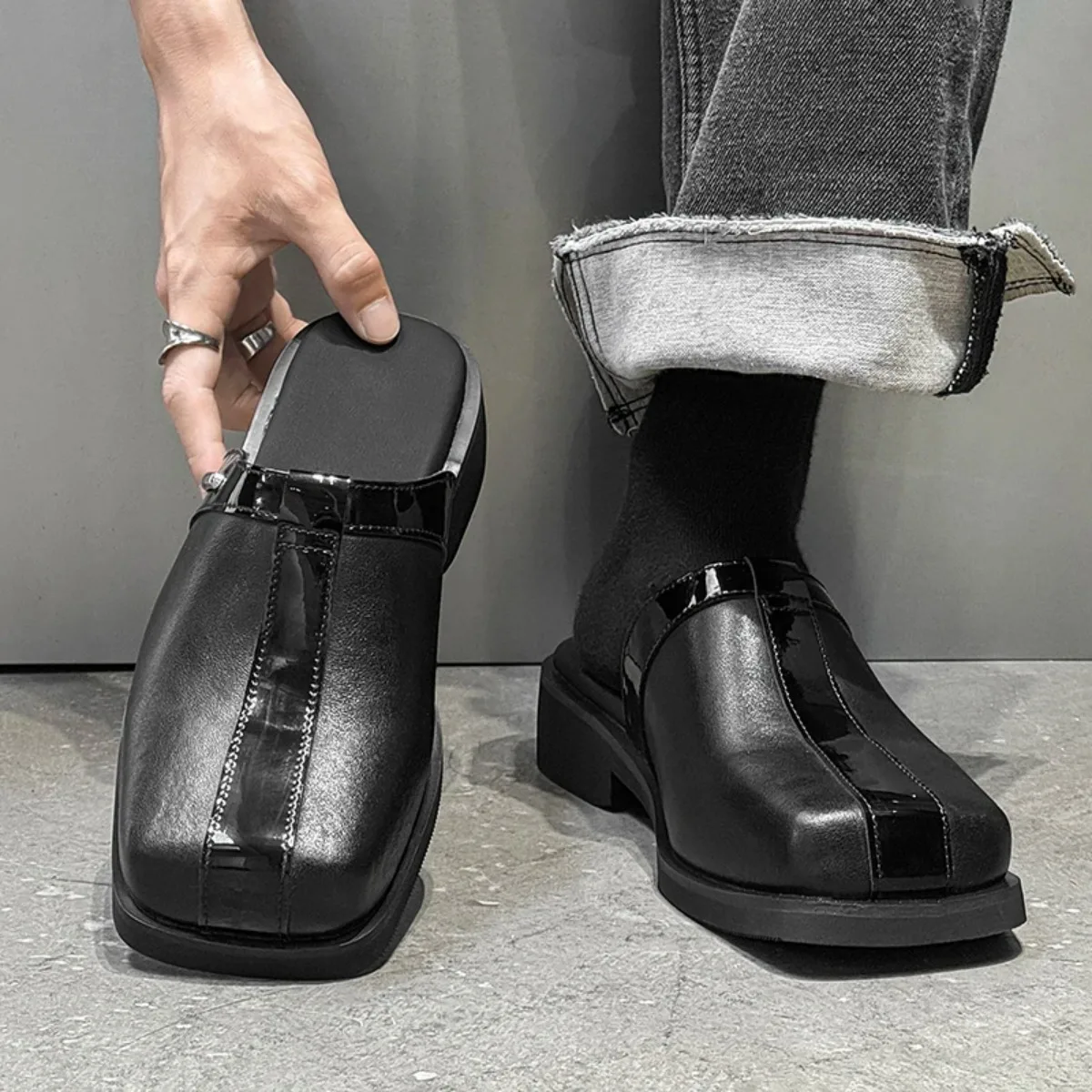 Platform Half Shoes For Men Leather Backless Semi-Drag Casual Shoes Men's Loafers Slippers Mules Open-back Sandals Slip-On Flats