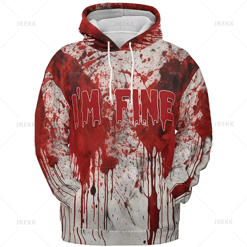 Men's I'm Fine Hoodies Bloody Horrible Sweatshirt Halloween Long Sleeved Hooded Top Funny Party Pullover Halloween Clothes