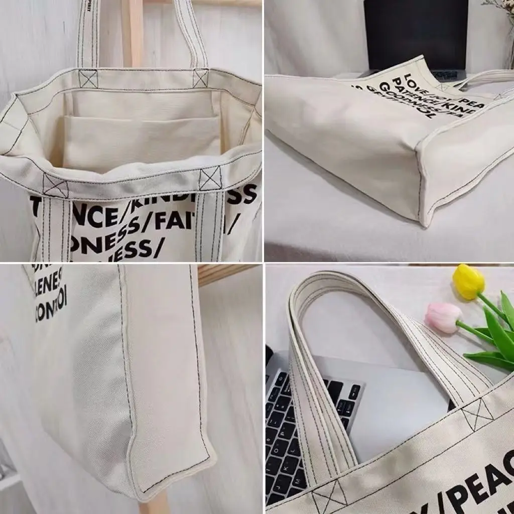 2023 Women Canvas Shoulder Bag Lettering High Quality Casual Handbag Tote Bag Large Capacity Cotton Reusable Shopping Beach Bag