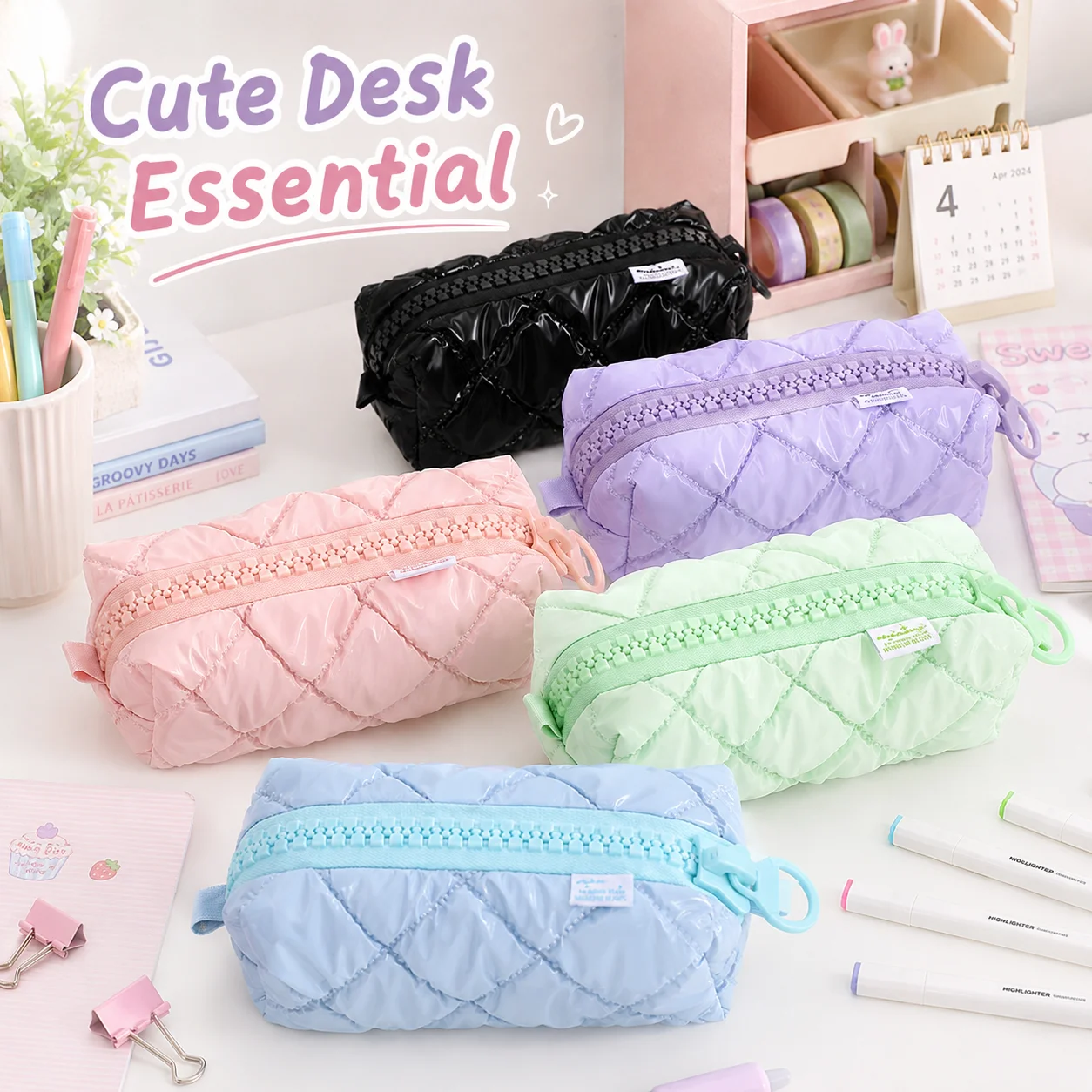 Candy Colored Glossy Quilted Puffer Pencil Pouch, Large Capacity Organizer Bag Tabletop Essential Back to School Supplies