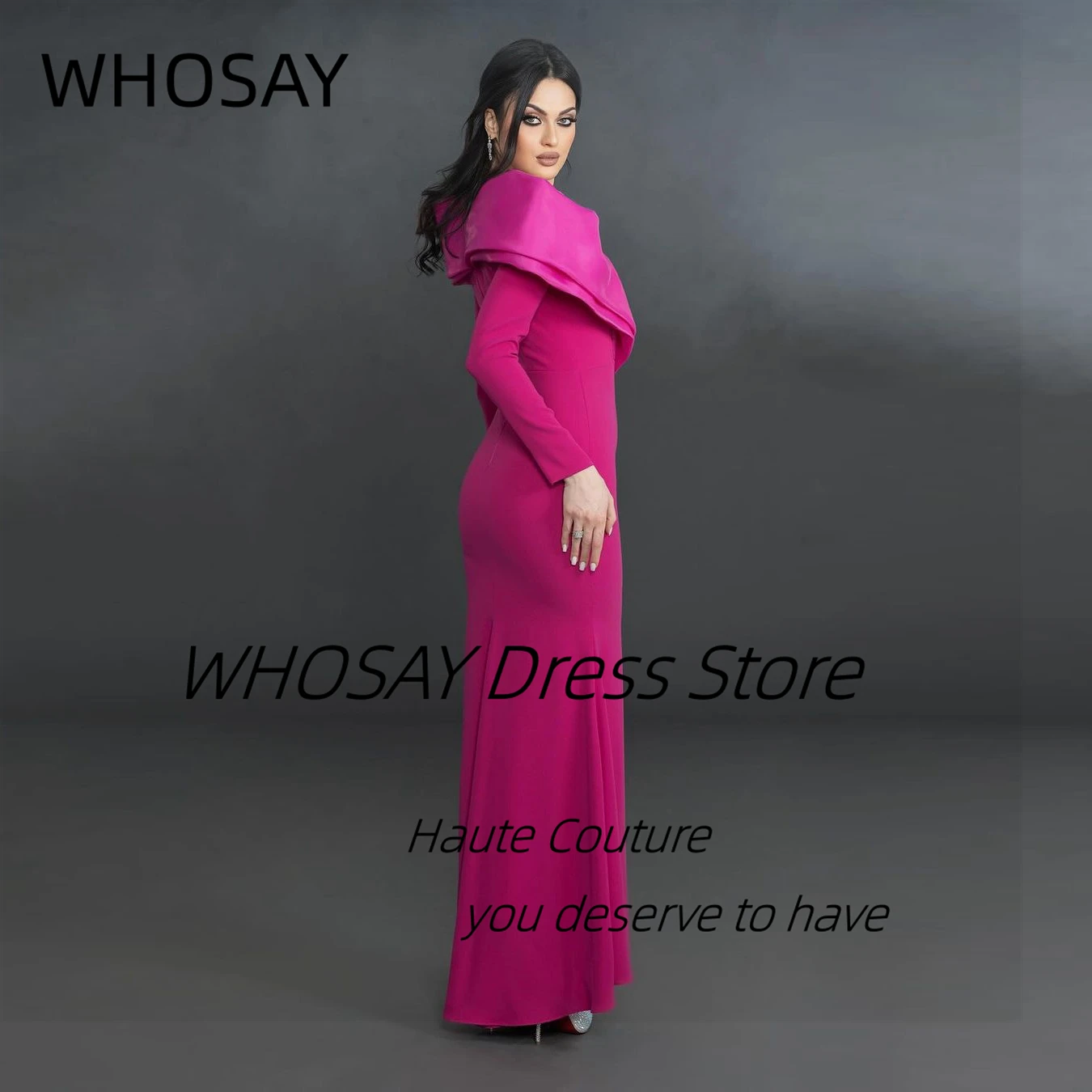 WHOSAY Elegant Evening Dresses for Women Luxury Beading Neckline Prom Dress Long Sleeves Side Slit Mermaid Party Bride Wear