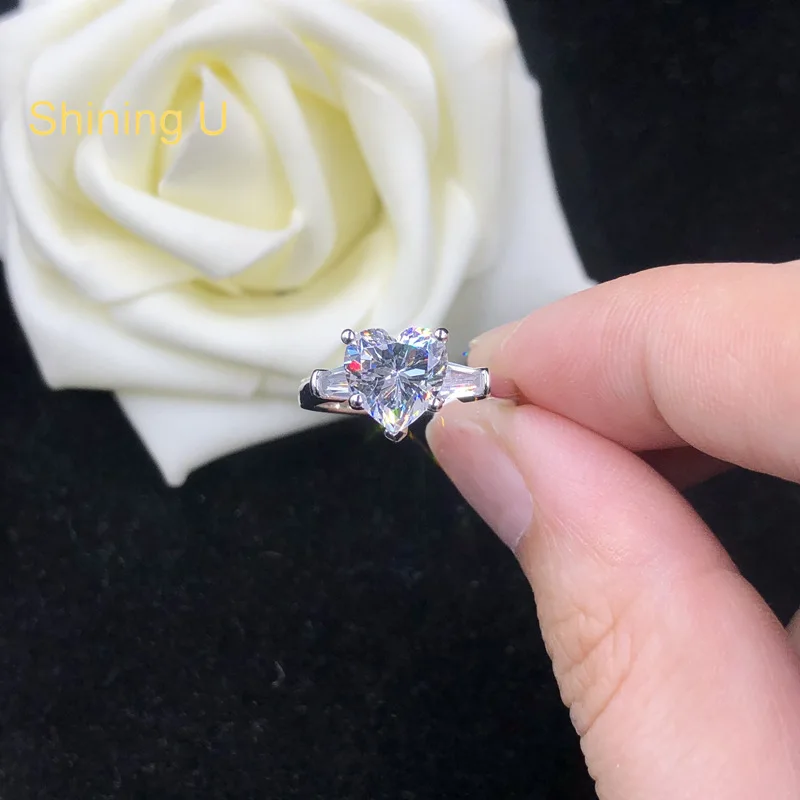 Shining U 925 Sterling Silver 2CT Heart High Carbon Dimond Gems Ring for Women Fine Jewelry Engagement Wedding