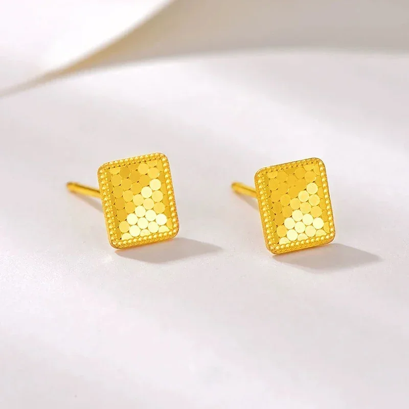 24K Yellow Gold Earrings Stud for Women, Pure  Gold 5G Crafts Square Dragon Scale Shiny Elegant Women's Daily Earrings