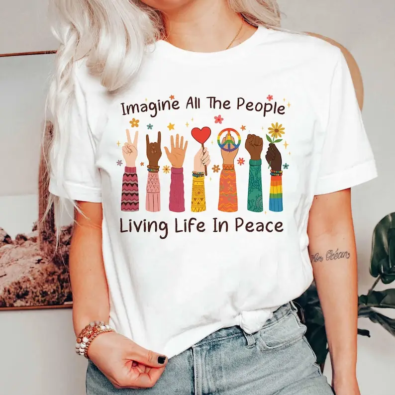 T-shirt Imagine All The People, T-shirt Living Life In Peace, T-shirt rétro avec signe de paix, tenue vintage pour militant pour l'égalité humaine