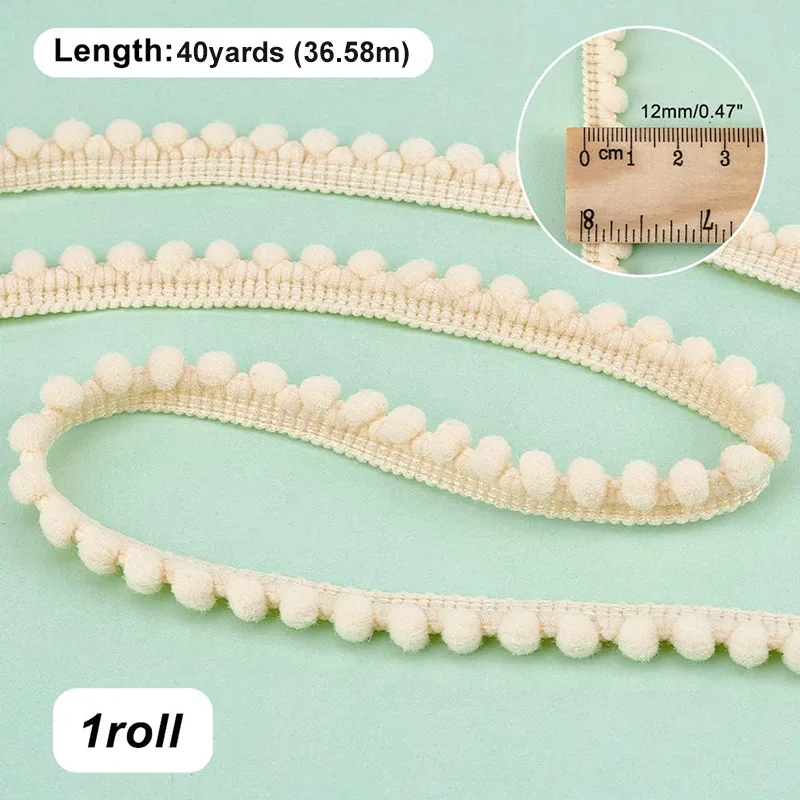 40Yards Mini Pom Poms Balls Fringe Trim Lace Ribbon 1/2 Inch (12 mm) Single Edge Ball Trim Fringe Lace Sewing Crafts Accessories