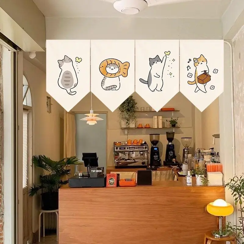 VIKAMA Cute Hand Drawn Cartoon Cat Triangle Hanging Flag Noren Curtain Coffee Shop Pet Store Partition Banner Window Decor