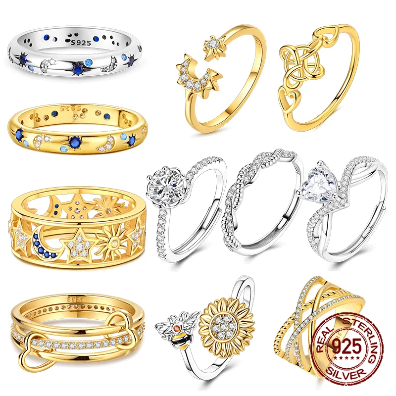 

925 Sterling Silver Rings Gold Color Sparking Popular LOVE Wedding Ring Certified Women Engagement Jewelry Anniversary Gifts