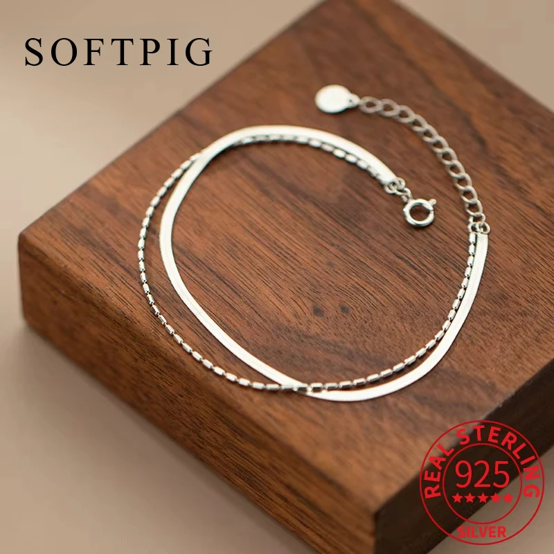 

SOFTPIG настоящее серебро 925 пробы двухслойный браслет-цепочка для женщин вечерние модные изящные ювелирные изделия легкие роскошные аксессуары