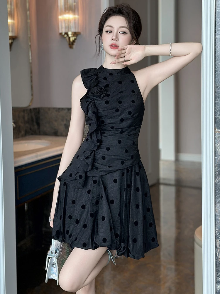 女性服銀色のドットプリントセクシーなノースリーブスリムミニショートドレスエレガントなレディースファッションイブニングパーティープロム Vestidos 夏