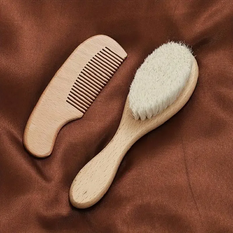 2pcs Baby Care Hair Brush Beech Soft Wool Wood Comb Newborn Massager Comb Baby Shower And Gift Baby Sleeping Soothing Bedding