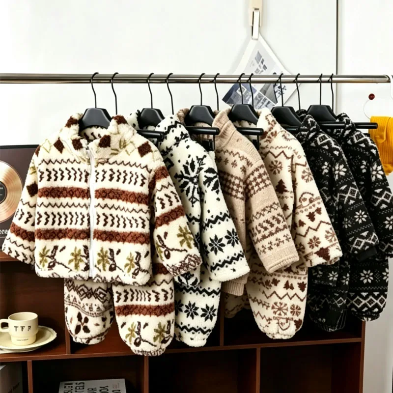 Children Plush Velvet Sets Winter Boys Girls Thick Fleece Suits Kids Print Jackets+Pants 2Pcs Outfits Autumn Home Clothes