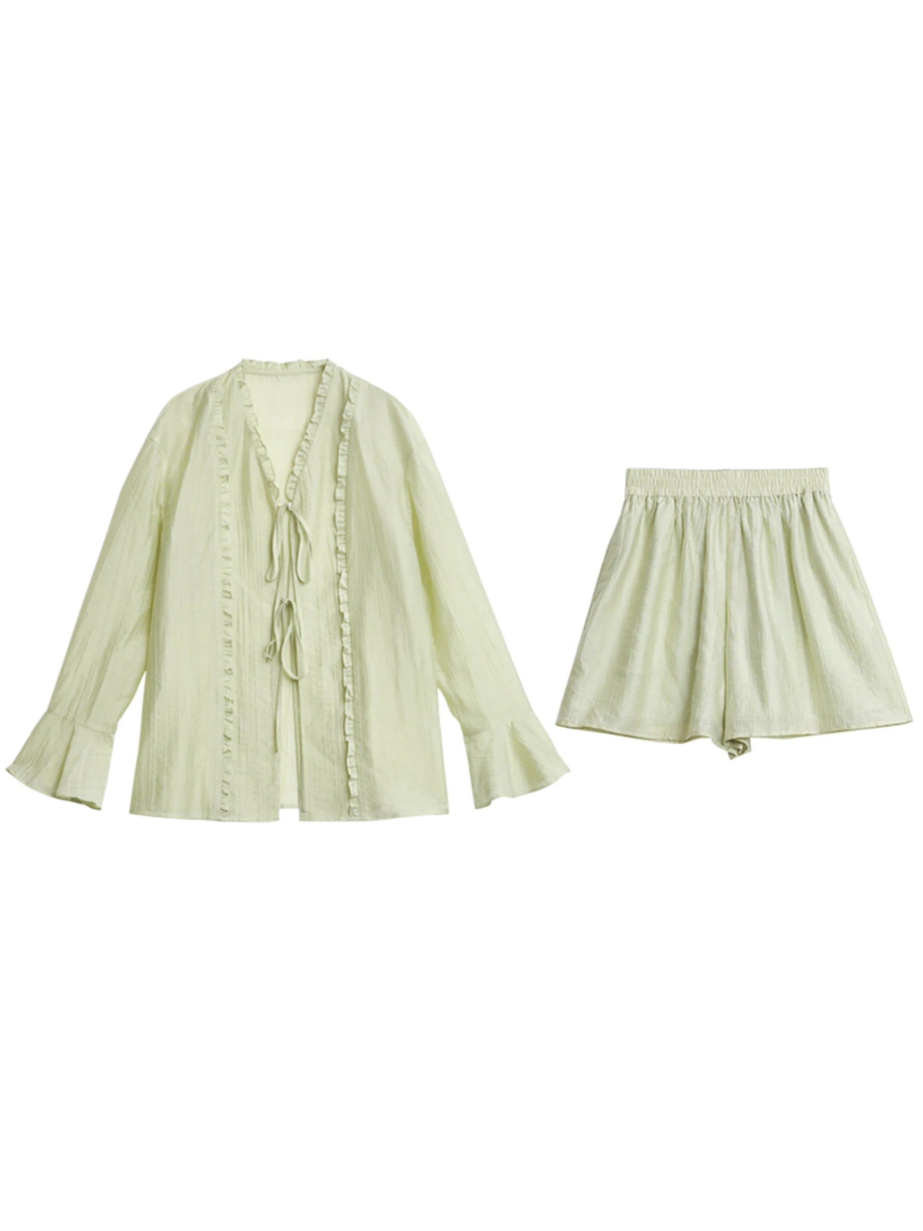 CHIC VEN Women Shirt Long Sleeve Loose Casual New Texture Ruffle Lace Up Blouses V Neck Female A Line Shorts Spring Summer 2025