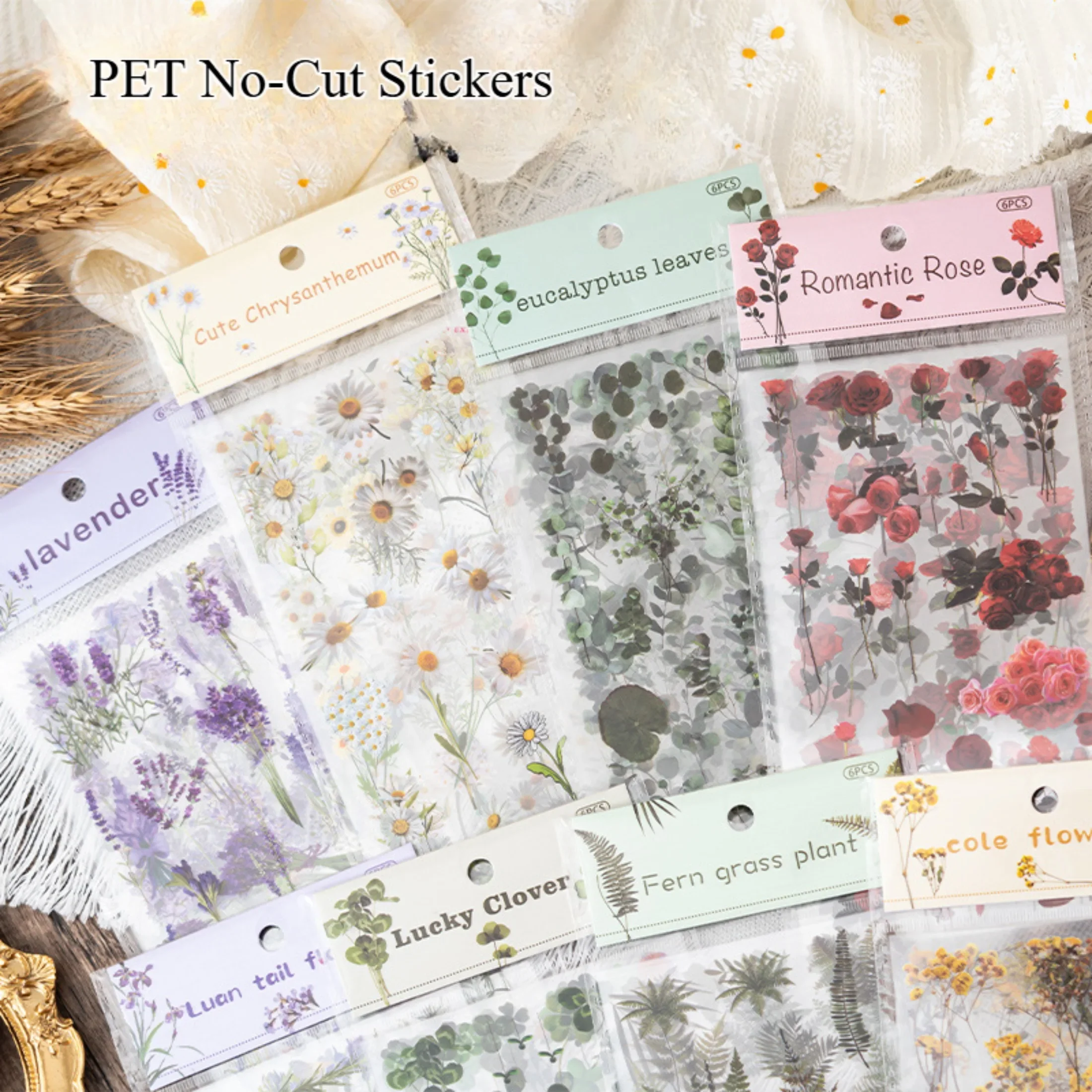 6pcs-pack Nature Book Series Album Sticker Pack PET Plant Flowers Retro Style Handbook Enthusiasts Creative Material Stickers