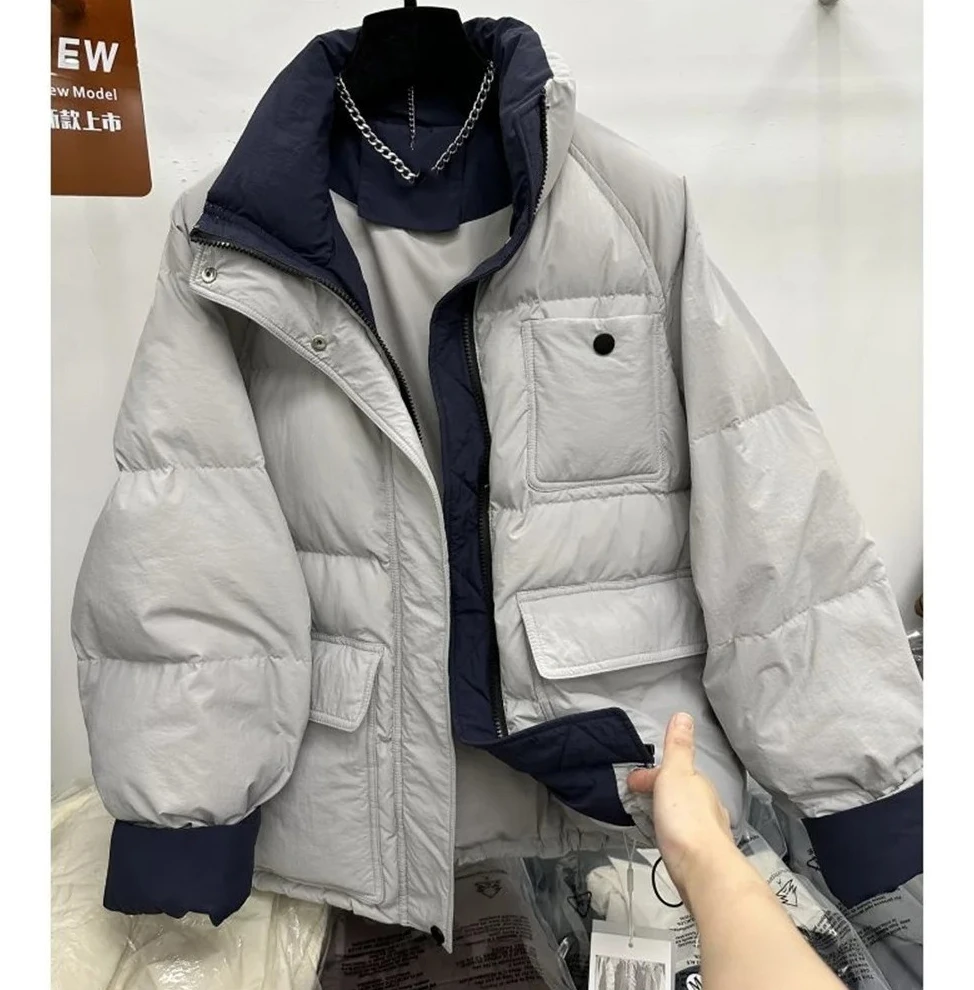 

2025 Winter Women's Patchwork Stand Collar Jacket, Loose Thick Warm Cotton Coat with Soft Down Fill, Fashion Outerwear