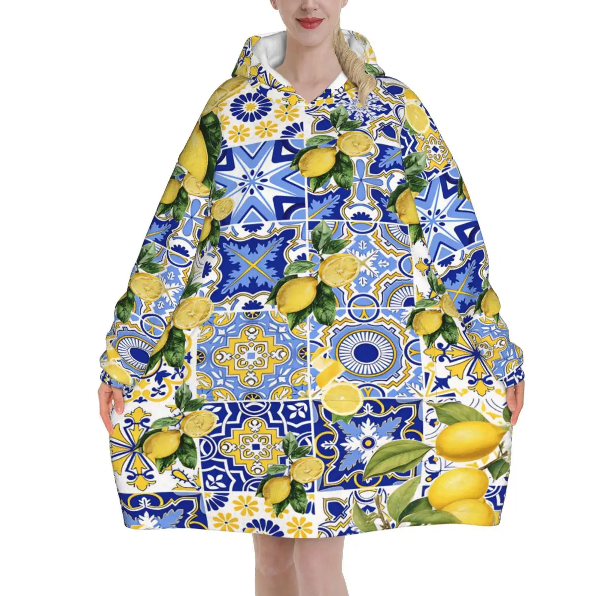 Lemon Sicily Rectangle Blanket Hoodie Wearable Blanket Oversize with Pocket Warm Sleeping Bag Soft Cozy Onesie