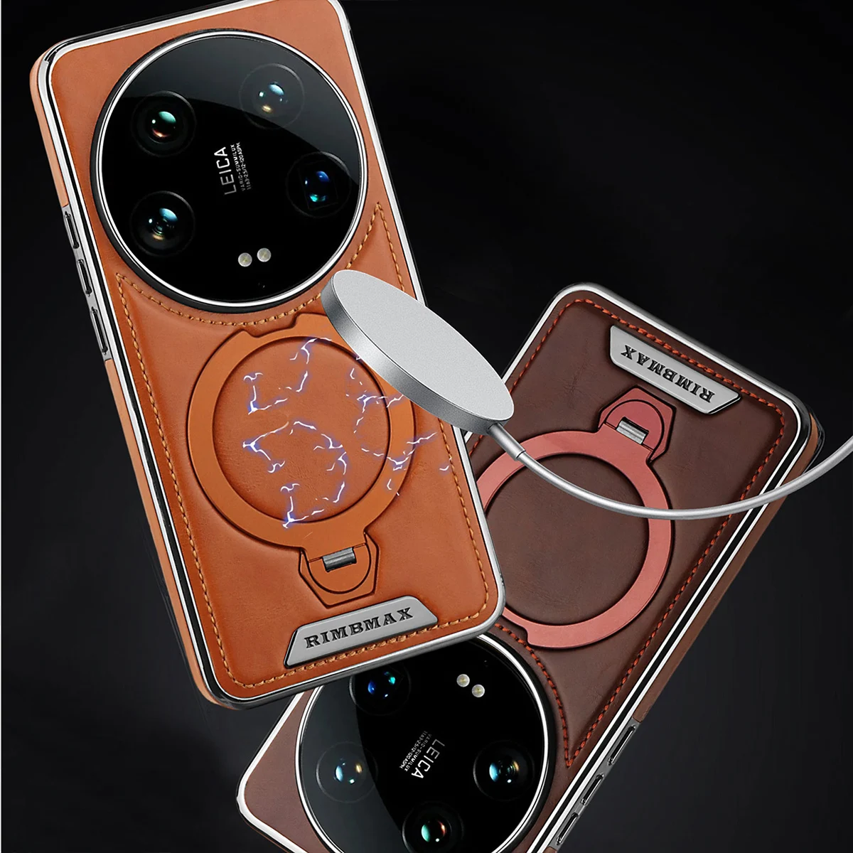 حافظة لهاتف Xiaomi 15 Ultra Magsafe من الجلد المنقوش بحافة مغطاة 360 درجة °   دوران قوس معدني غطاء مطلي بالكهرباء