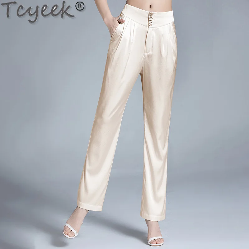 

Tcyeek 95% Real Mulberry Silk Pants High Waist Straight Pants Women Thin Style Summer Pants Long Trousers Woman Streetwear 2024