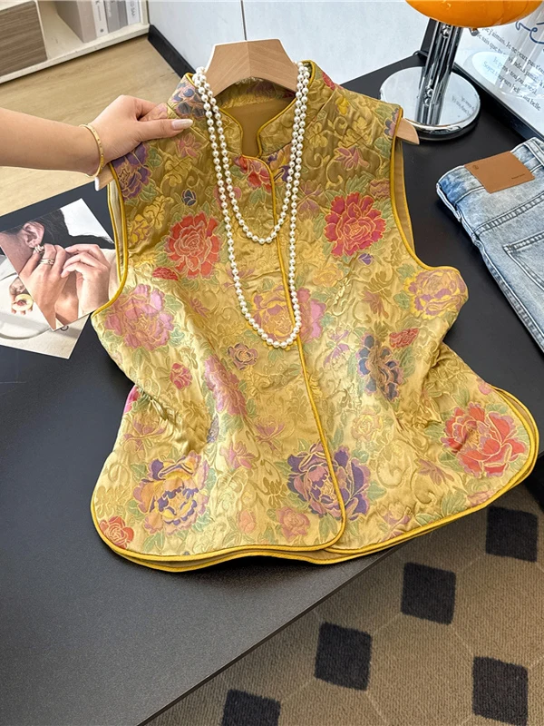 

Новый китайский осенний Emed Brocade Peony Jaet с воротником-стойкой, утягивающий топ для женщин, традиционная национальная моя