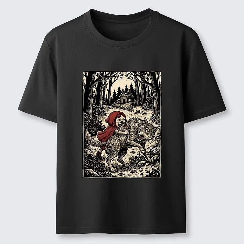 2026 Summer Fashion New Limited Edition Fun Little Red Riding Hood Beats Big Bad Wolf Unisex T-shirt Y2K Round Neck T-shirt