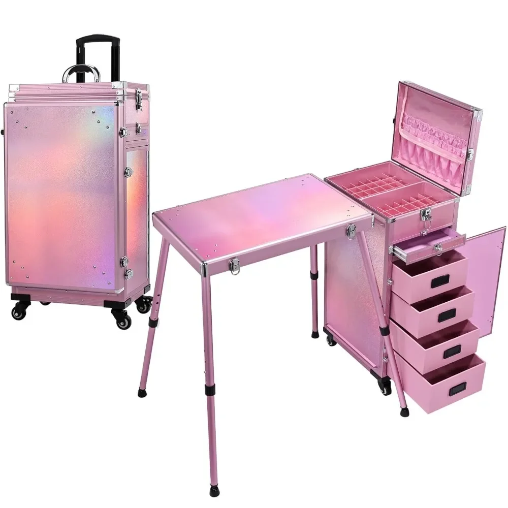 Rolling Manicure Table 5 Drawers Foldable Nail Desk Cosmetology Case on Wheels Makeup Case with Brush Pouch