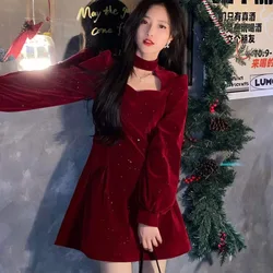 Fine Sparkling Velvet Dress Women Autumn Winter New Style High-end Elegant Waist Slimming Fit Red A-line Dresses Christmas Party