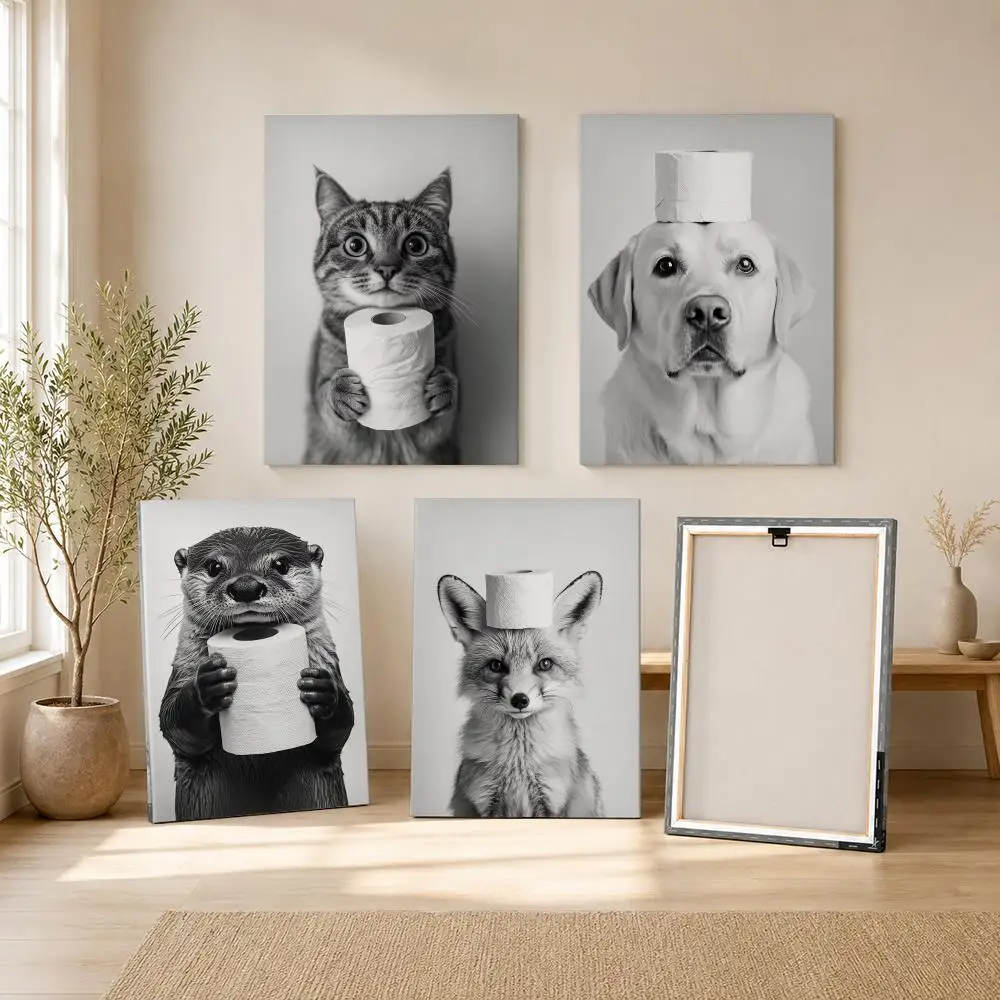 Highland Cow Otter Cat Raccoon with Toilet Paper Framed Wall Painting Ready to Hang Canvas Poster for Room Bedroom Home Decor