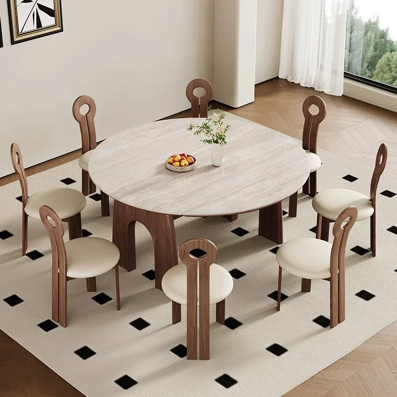 Medieval folding solid wood dining table and chair rock slab 2025 new American French telescopic table small apartment