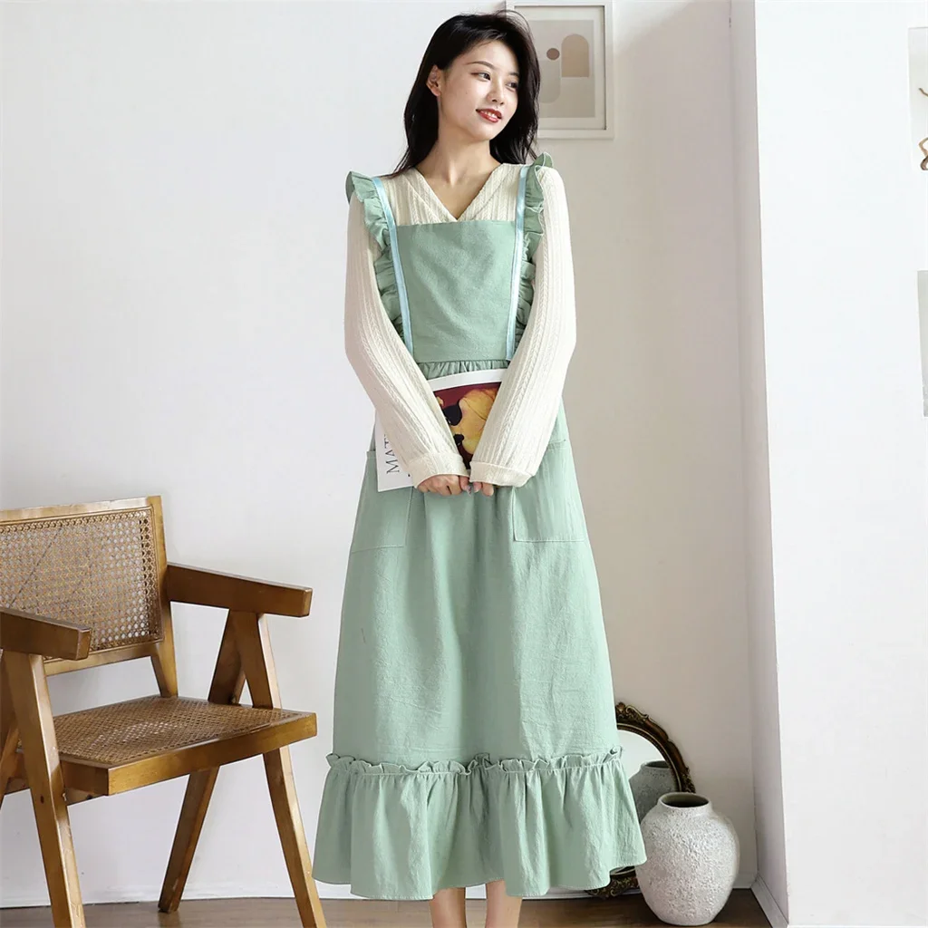 Retro Floral coffee Studio Apron Garden Ruffles Work Clean Apron Cooking Kitchen Aprons For Woman Dress Bib Garden overalls