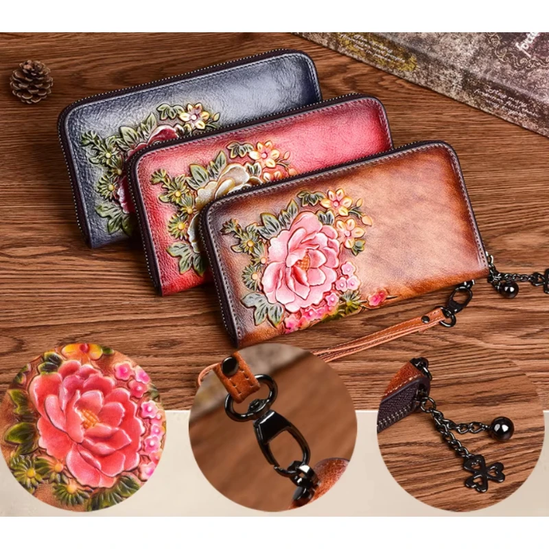 Retro Embossed Flower Genuine Leather Women's Wallet Multi-funcational  Coin Purse Card Holder Vintage Ladies Clutch Purse
