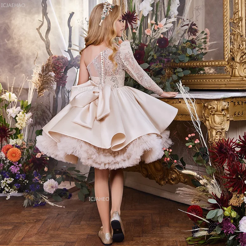 2026 New Kids Gown Princess Sequin Dress One Shoulder Bow  Formal Party Celebration Costume Puffy Skirt Patchwork Children Girls view 3
