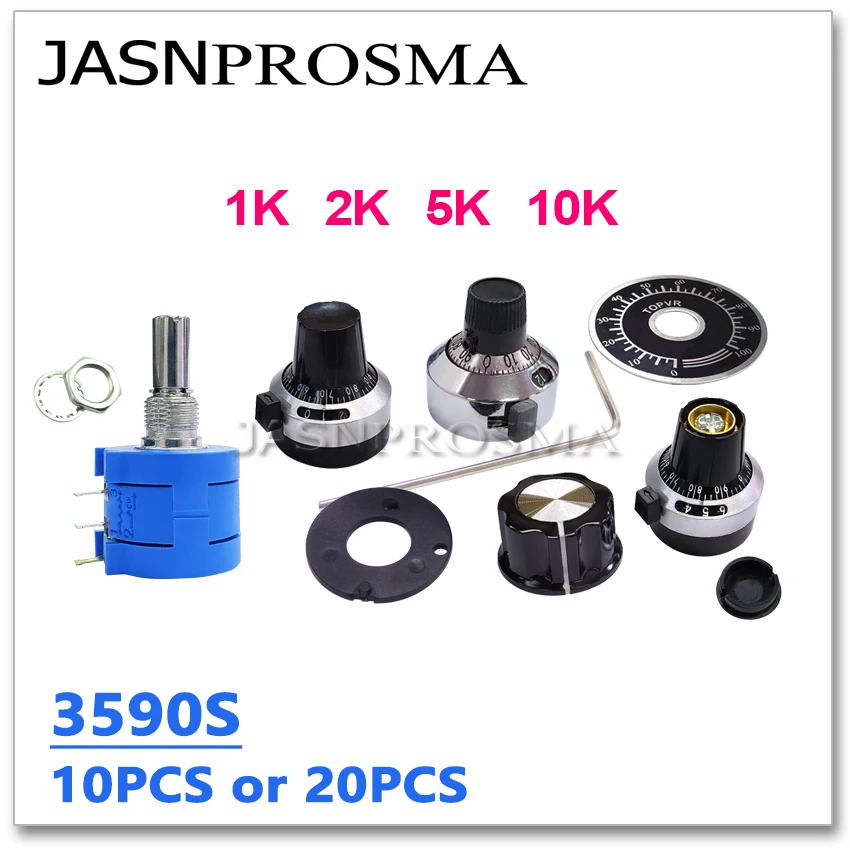 

JASNPROSMA 10PCS 3590S 1K 2K 5K 10K OHM 102 202 502 103 3590S-2-102L 3590S-2-103L Adjustable Trimmer resistor Potentiometer knob