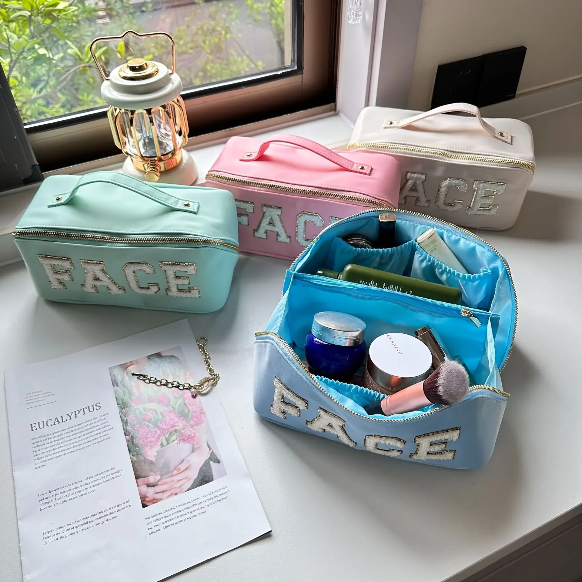 Embroidery Letter Women\'s Cosmetic Bag Large Capacity Ladies Nylon Storage Bags Solid Color Female Travel Make Up Case Handbags