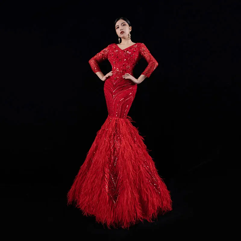 

Bai Sha Luxury Customized Dress Handmade Beaded With Ostrich Hair Design Mermaid Dress Host Evening Gown Girl Bride Dress H1306