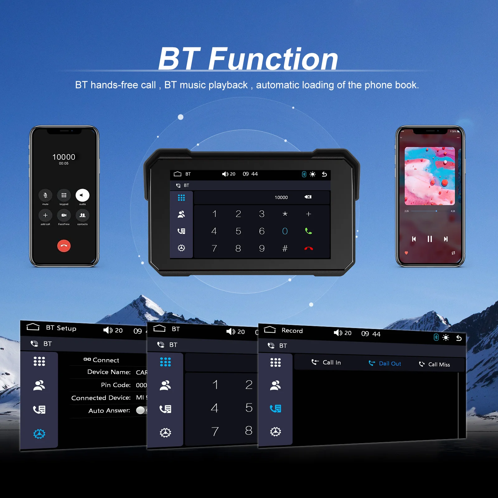 Podofo 5'' Portable Motorbike Wireless CarPlay Android Auto - Bluetooth Pairing