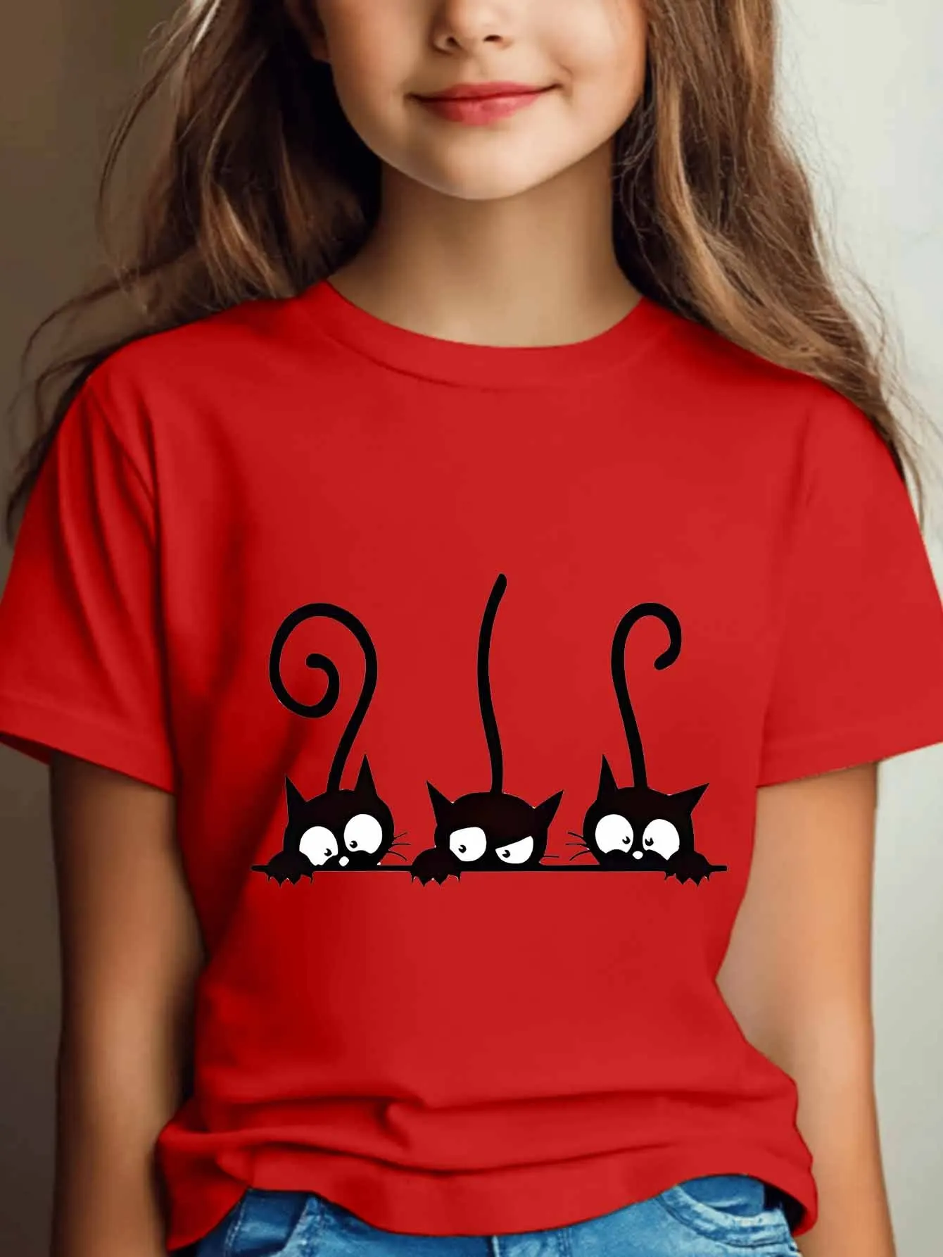 Three Black Cat Print Kids Cotton T Shirt Boys Girls Parent Child Matching Short Sleeve Casual Breathable Family Fashion Tees