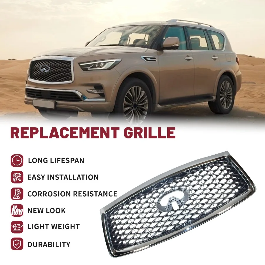 Front Grill for 2018-2021 INFINITI QX80 w/Camera Hole Chrome Frame