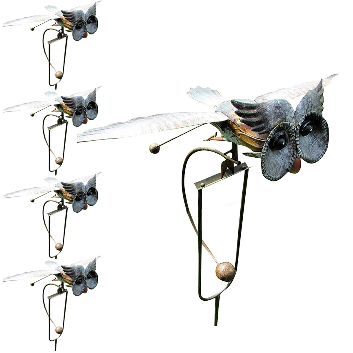 5PCS/1PCS Metal Flapping Wing Owl Wind Spinner 39.4inch Wing Flapping Owl Yard Stake Garden Decor Owl Wind Sculpture for Garden